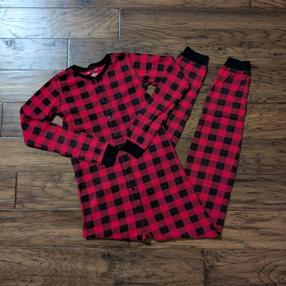 Kids Hatley little Blue House onesie union suit pajamas red plaid size 14 - Picture 1 of 14